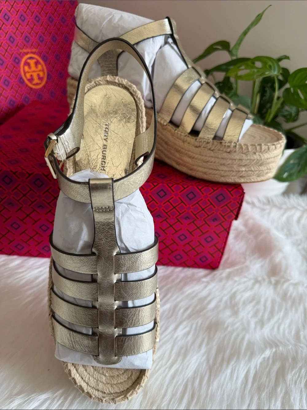 Tory Burch Metallic Gold Leather Espadrille Wedge Sandals